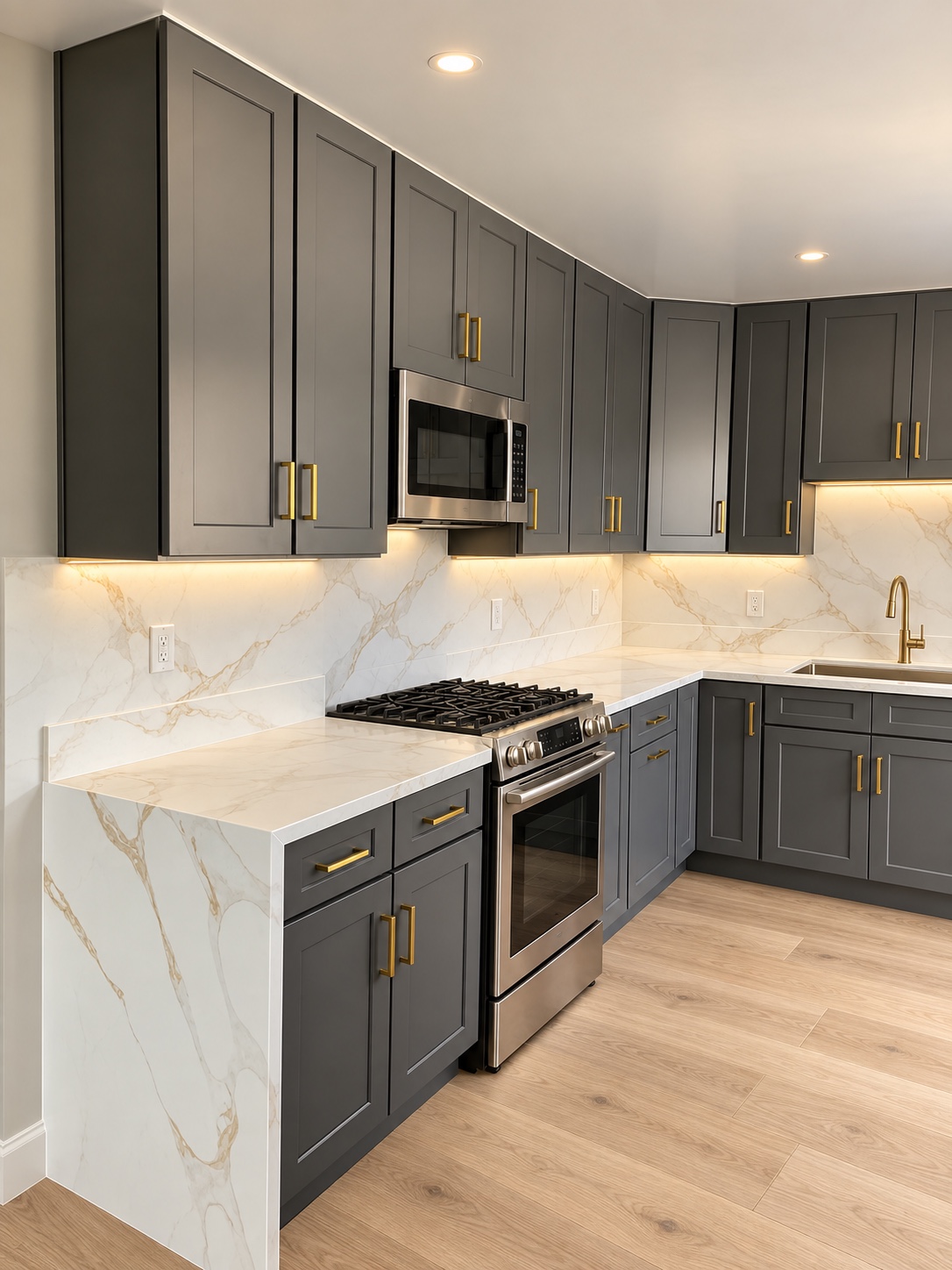 Dark grey Shaker kitchen with brass handles, a white quartz waterfall edge and wood flooring