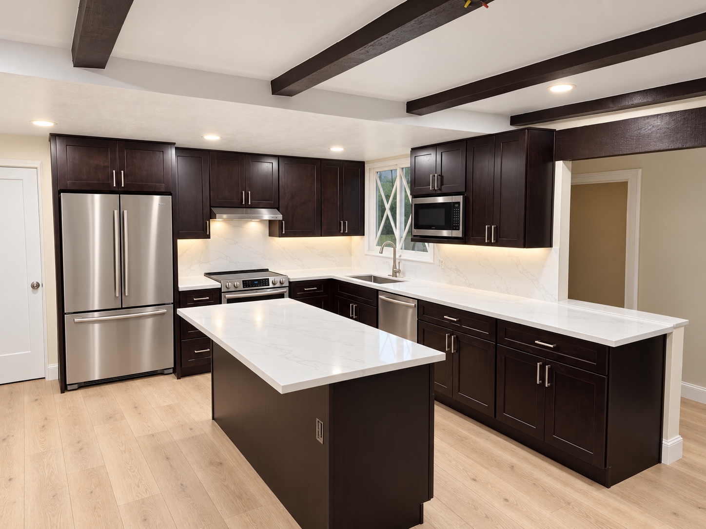 Expresso Shaker kitchen and island with white quartz countertops and dark ceiling beams