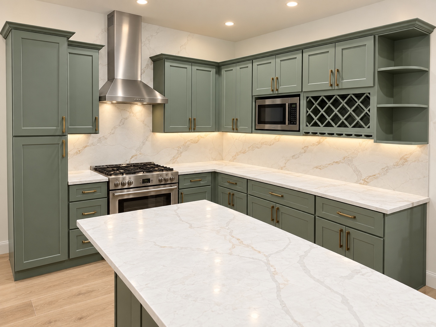 Sage green Shaker kitchen with a pantry, wine rack, brass handles and a white quartz island