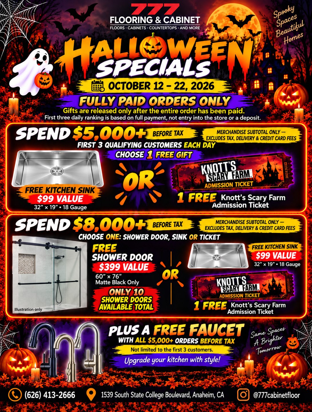 Halloween specials October 12–22: $5,000 and $8,000 qualifying gift offers, plus free faucet